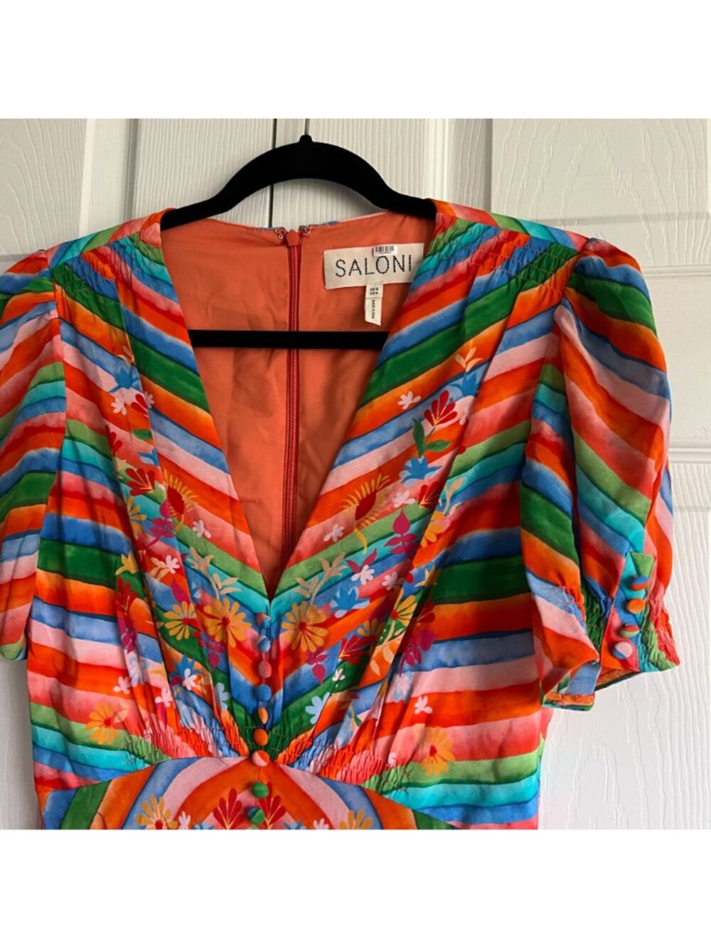 Saloni Lea Orange Red Blue Green Striped Short Sleeve Maxi Dress Women's Size 4 - Picture 4 of 13